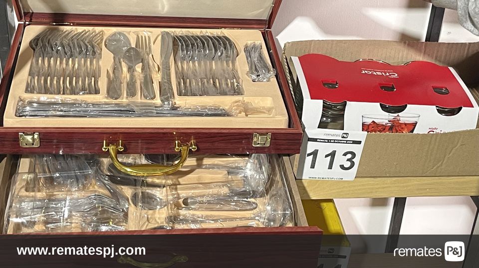 Juego de Cubiertos Acero Inox estuche en Madera + Set de Vasos London Rocks Cristar x 6und