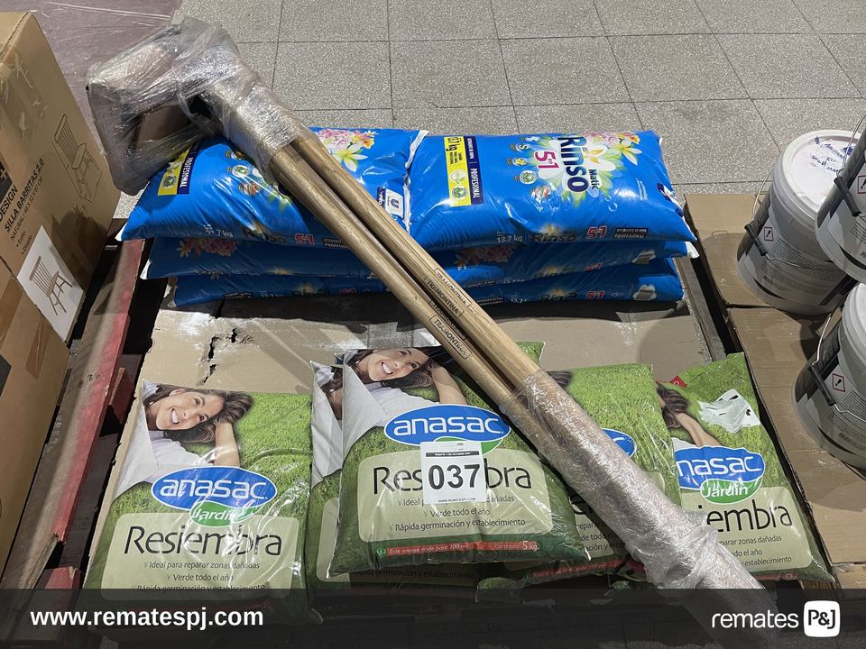 PALLET VARIEDAD DE ARTICULOS (Semilla de pasto anasac 5kg - Detergente Rinso 13,7kg - Azadón con mango de 1,40cm)